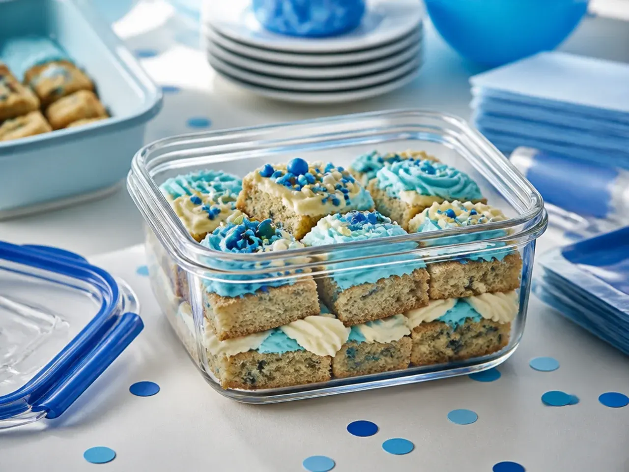 Decorated cookie cake slices stored in an airtight container in the fridge