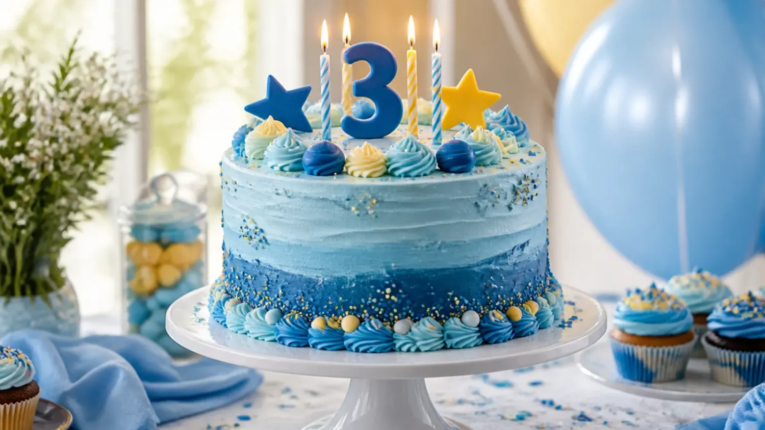 A tray of 24 blue and cream buttercream cupcakes arranged into a puppy-shaped Bluey-inspired cupcake cake