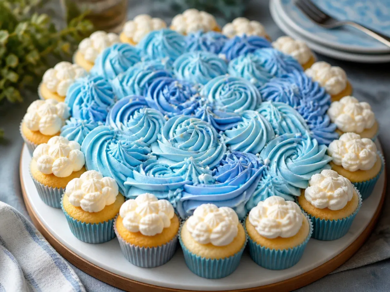 A blue and cream cupcake cake arranged for a Bluey-inspired birthday party
