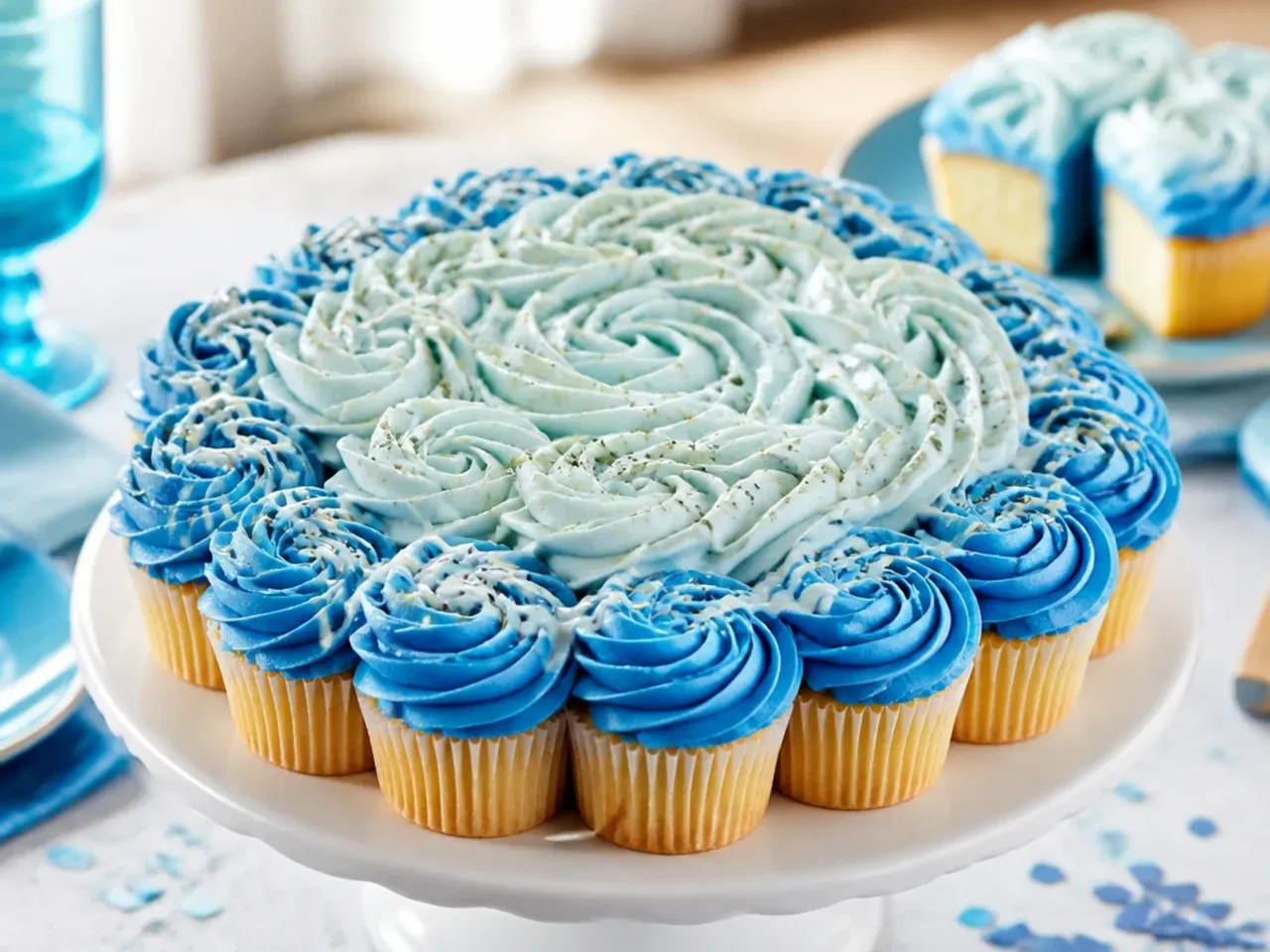 Rows of cupcakes piped in graduating shades of blue buttercream