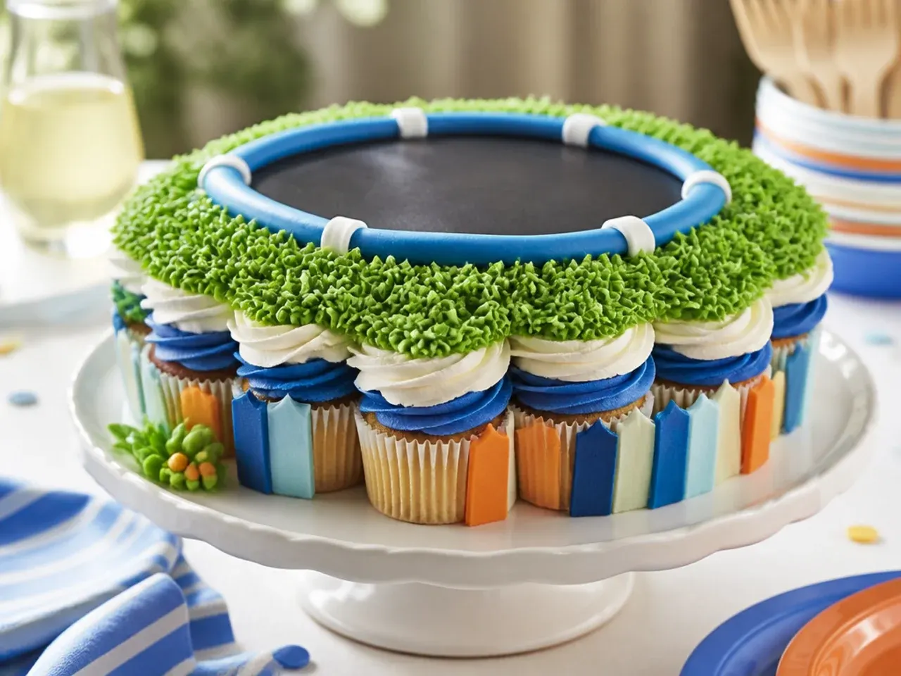 Green buttercream cupcakes with a fondant trampoline centrepiece