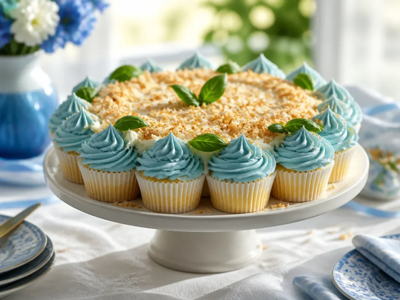 Pale blue cream cheese frosting swirled onto cupcakes