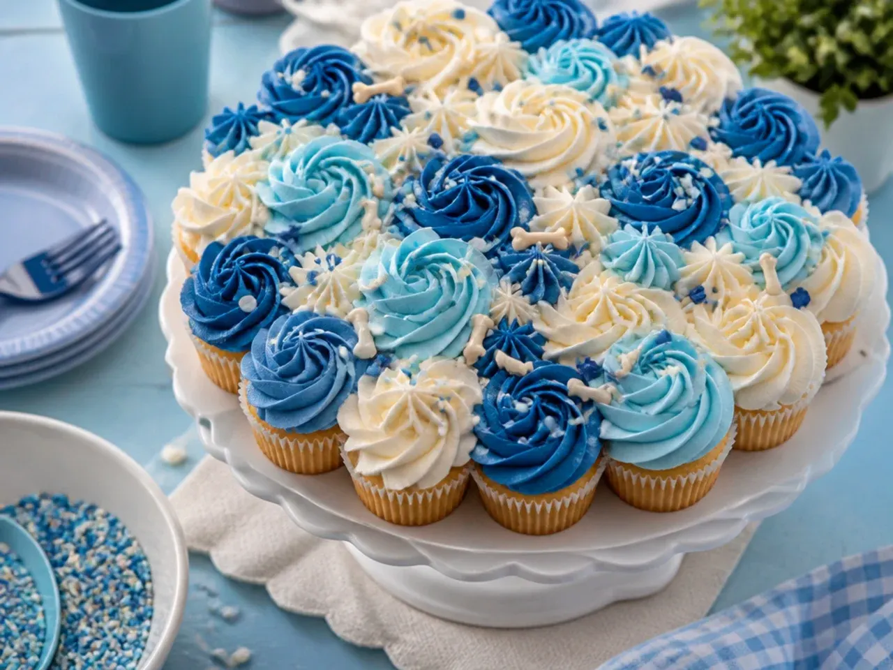 Cupcakes loaded with blue sprinkles and a small fondant bone topper