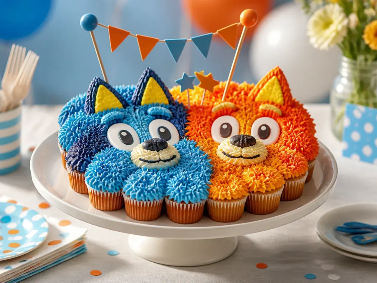 Cupcake tray split into blue and orange colour halves for two sibling characters