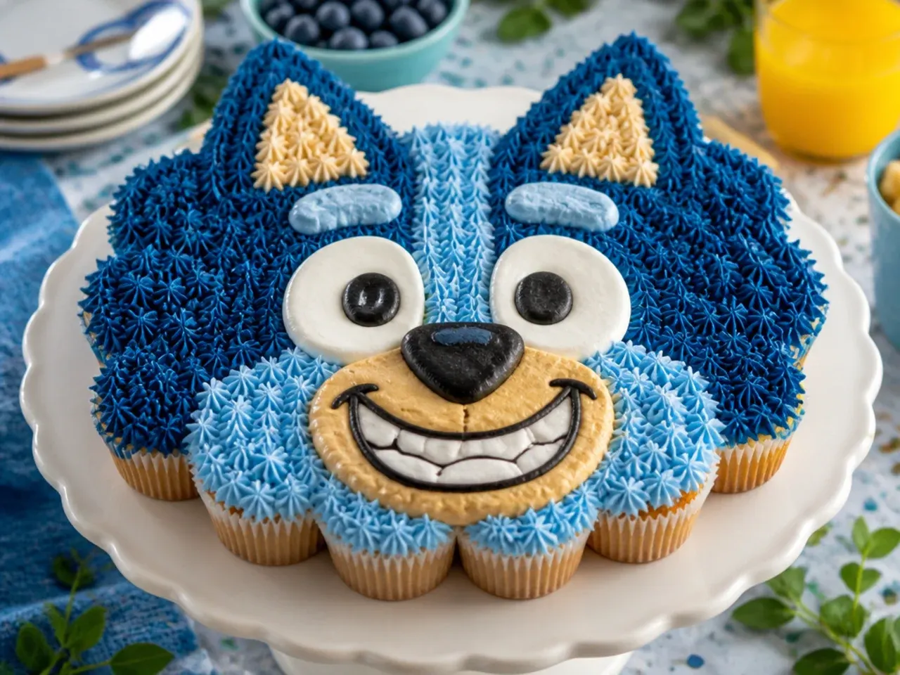 Cupcakes arranged to form a big smiling face with fondant eyes