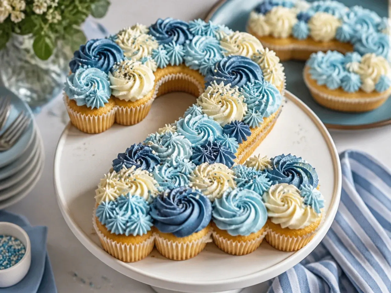 Cupcakes arranged in the shape of a birthday age number in blue buttercream