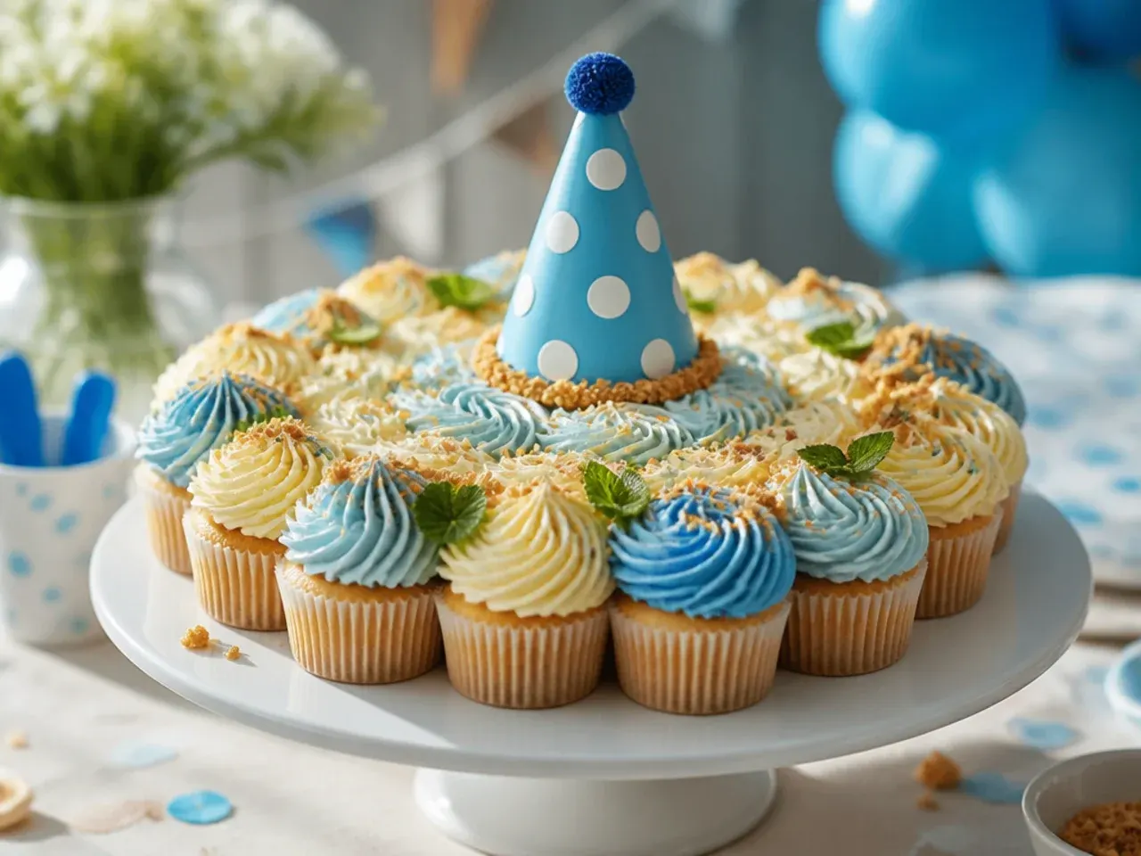 Cupcakes topped with small blue and white striped fondant party hats