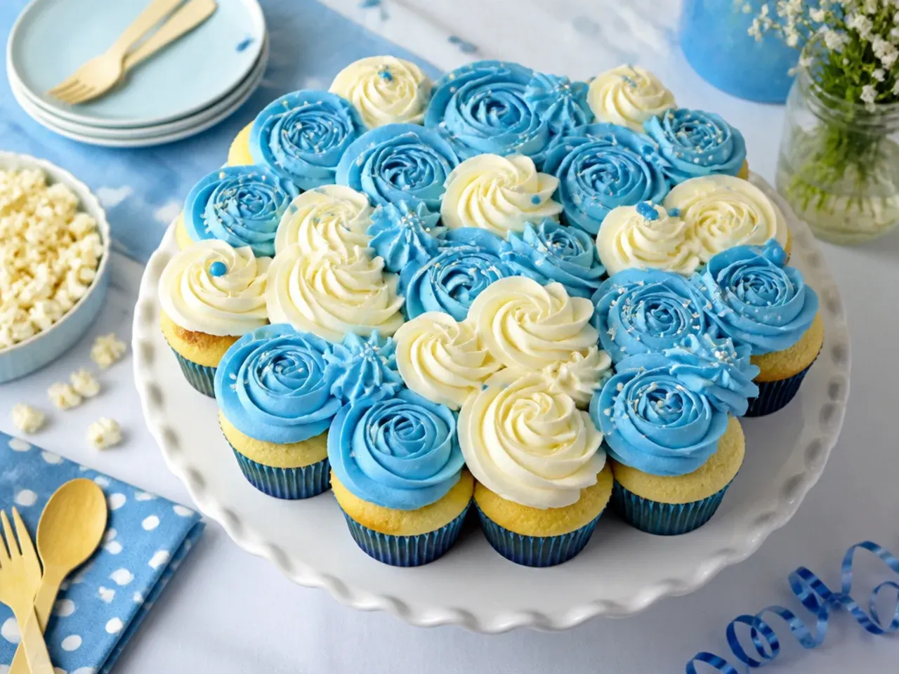 Quickly decorated blue cupcakes with plastic paw print cake picks