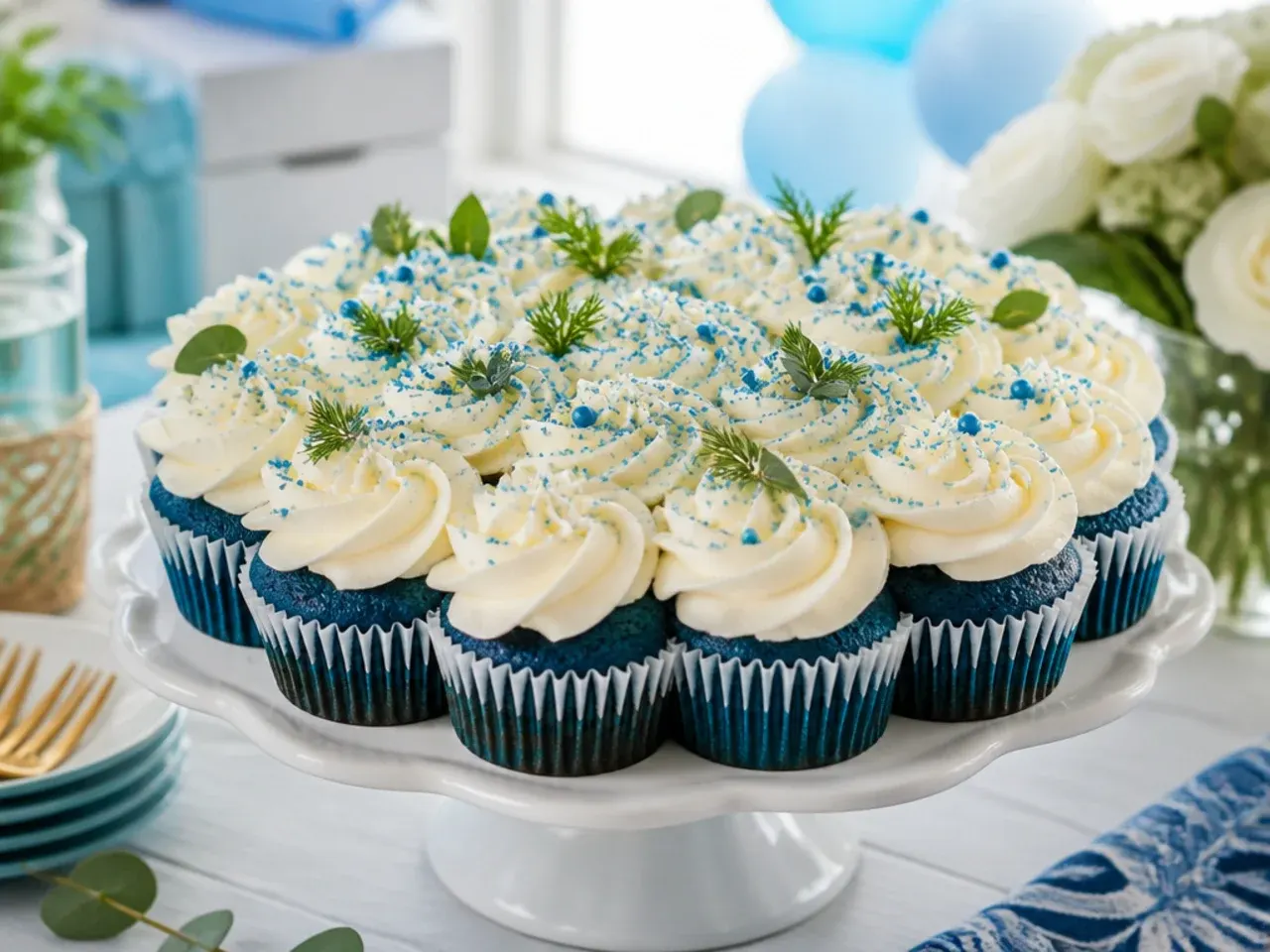 A halved blue velvet cupcake showing bright blue sponge inside