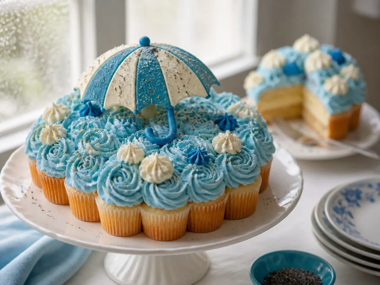 Cupcakes decorated with small striped fondant umbrellas and grey puddle swirls