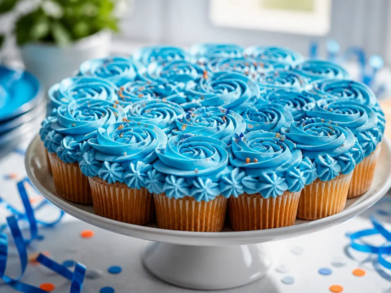 Uniform blue buttercream rosettes topped with white sugar pearls