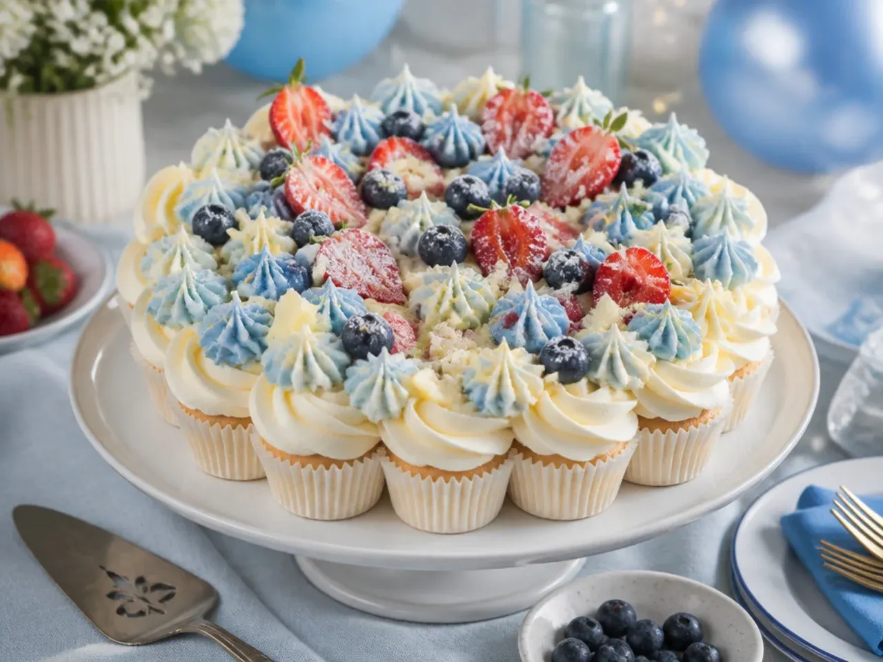 Whipped pale blue white chocolate ganache piped onto cupcakes