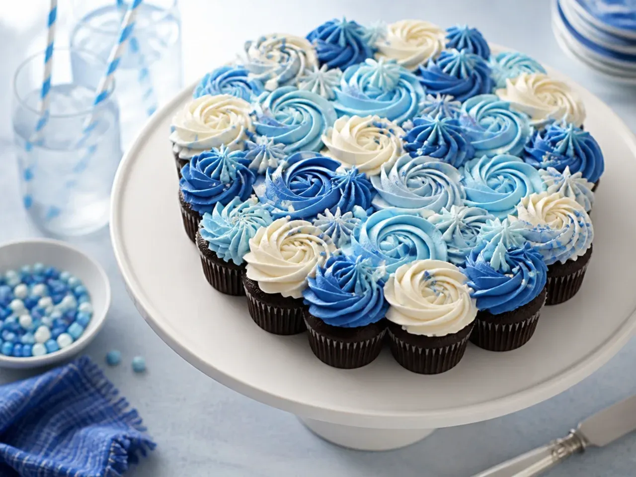 Dark chocolate cupcakes topped with pale blue buttercream swirls