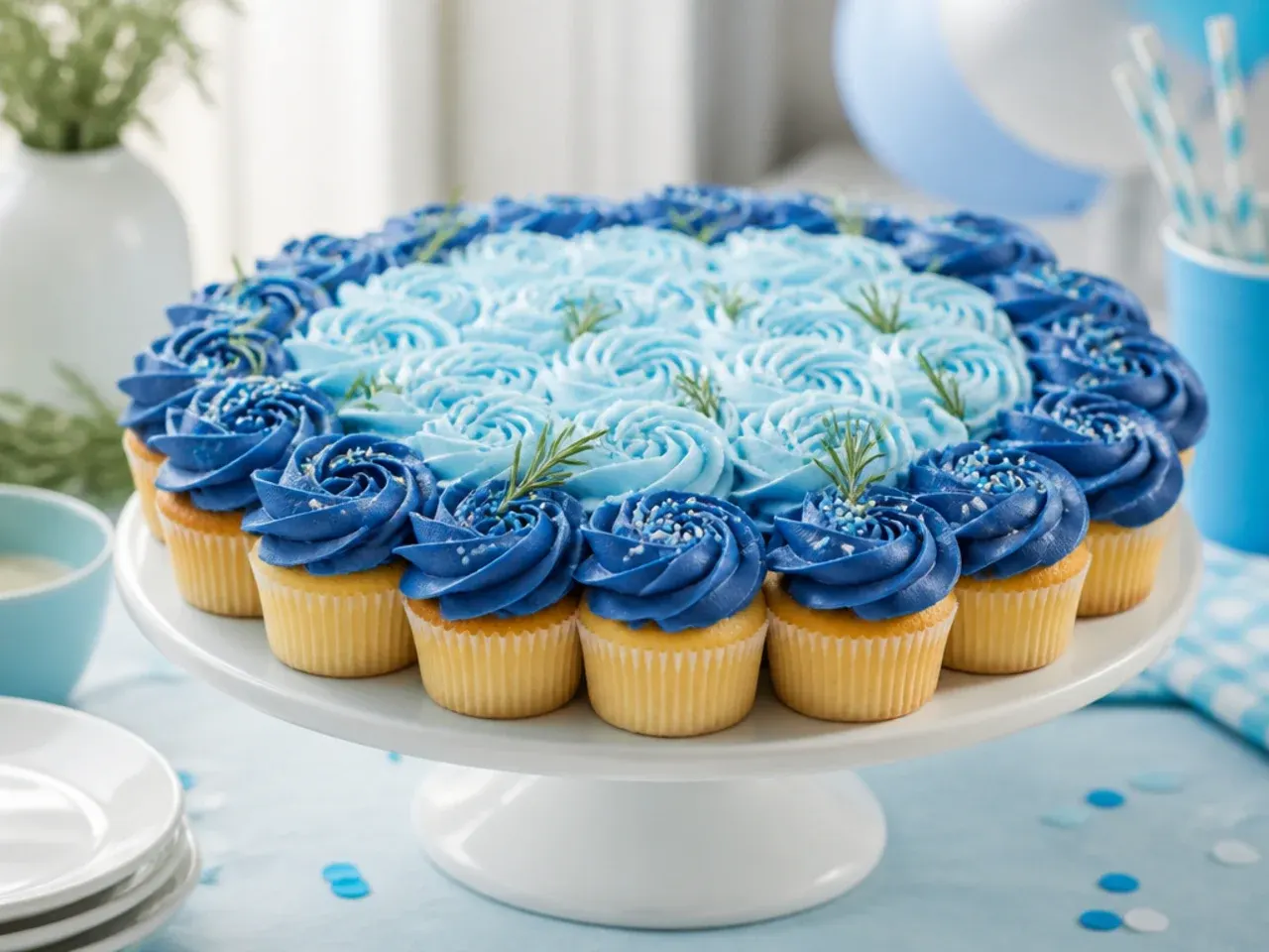 Marbled blue and white buttercream piped from twisted disposable bags