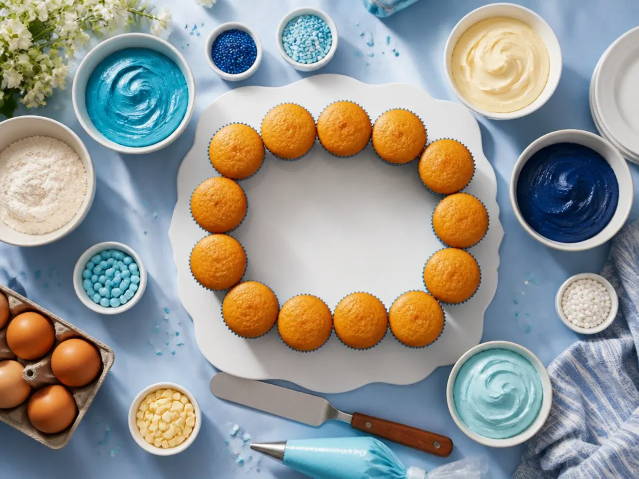 Bowls of blue-tinted buttercream and fondant pieces laid out for decorating