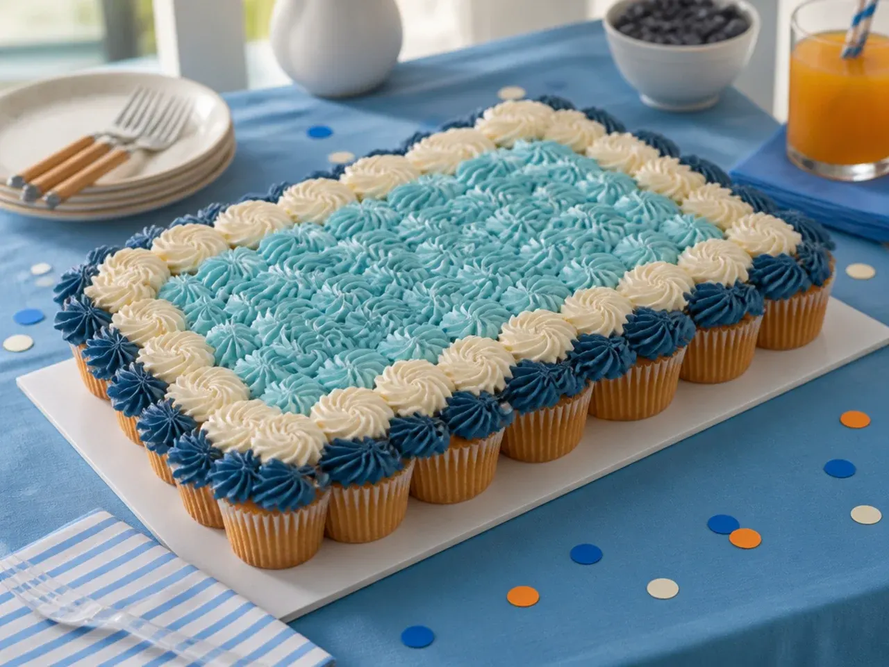 A finished blue cupcake cake displayed on a platter with matching drinks nearby
