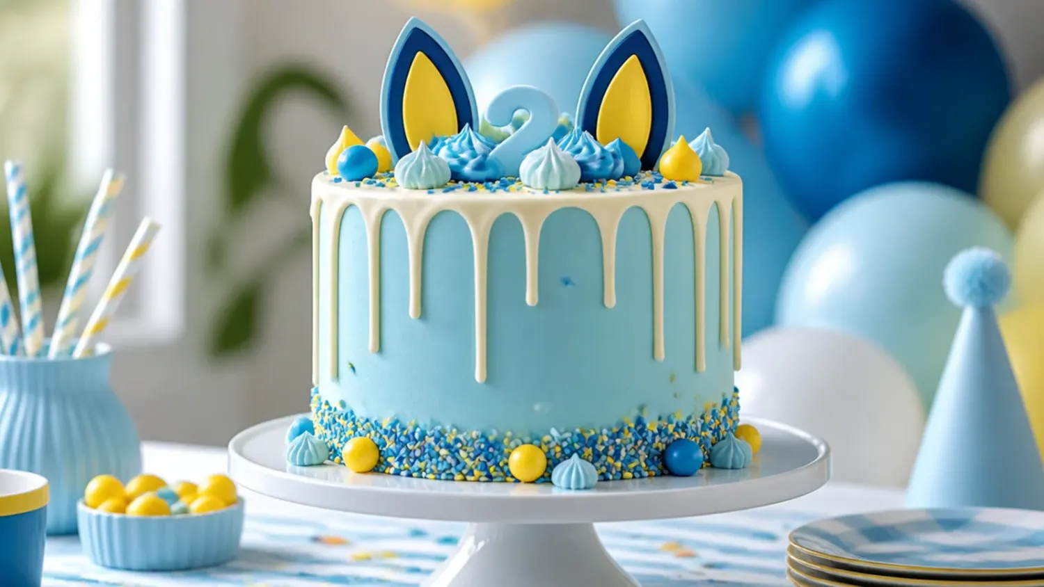 A round butter cake decorated with blue and orange buttercream, fondant dog ears and a yellow duck topper on a party table