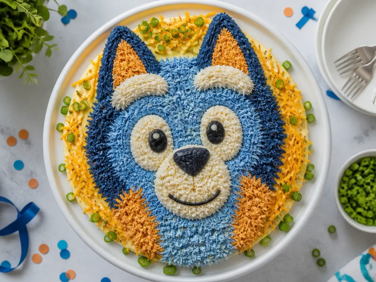 Round cake with blue buttercream, dark navy ear shapes and an orange collar band