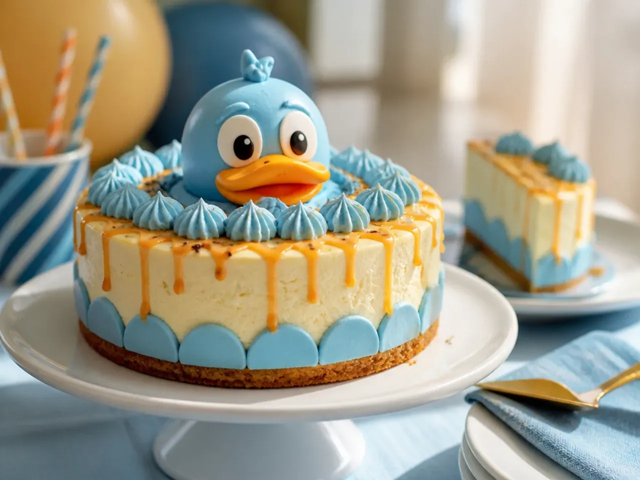 Simple white iced cake topped with a small yellow fondant duck figure