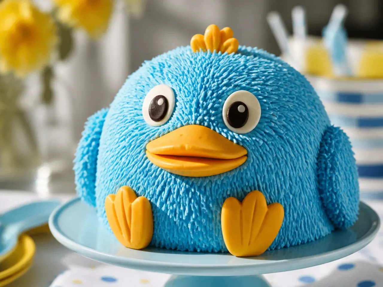 Hand-sculpted yellow buttercream duck-shaped cake with orange beak details