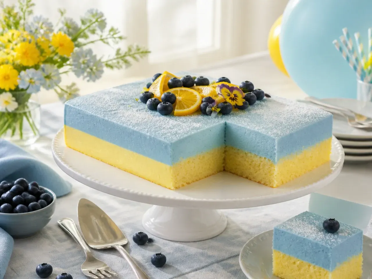 Rectangular blue sheet cake decorated with piped paw print patterns and orange fondant shapes
