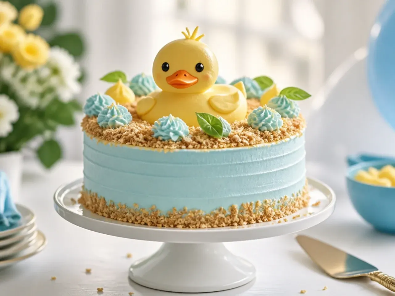 Bowl of glossy blue-tinted Swiss meringue buttercream with a piping bag