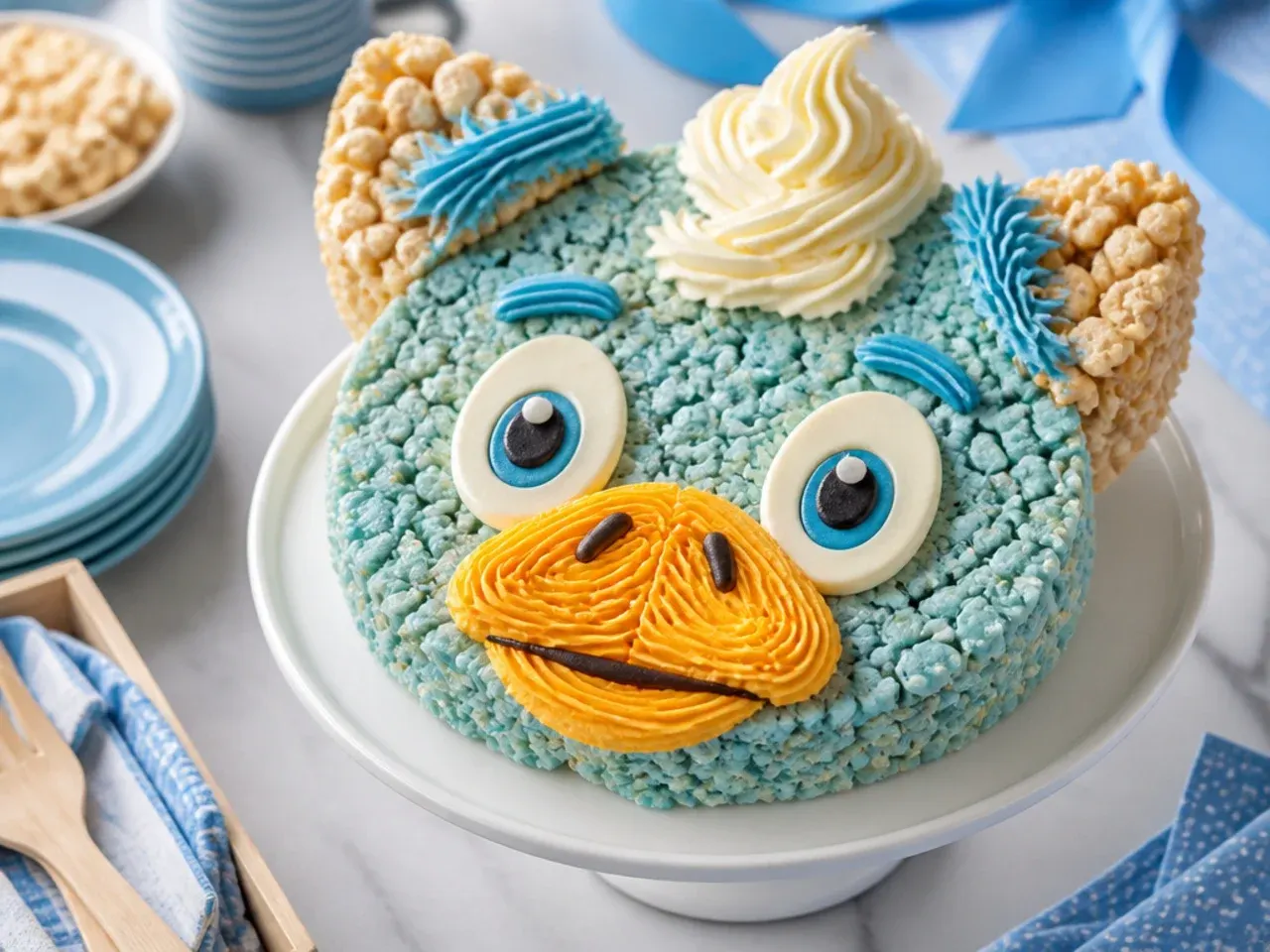 Cake with rice krispie treat ears covered in blue buttercream ready for icing