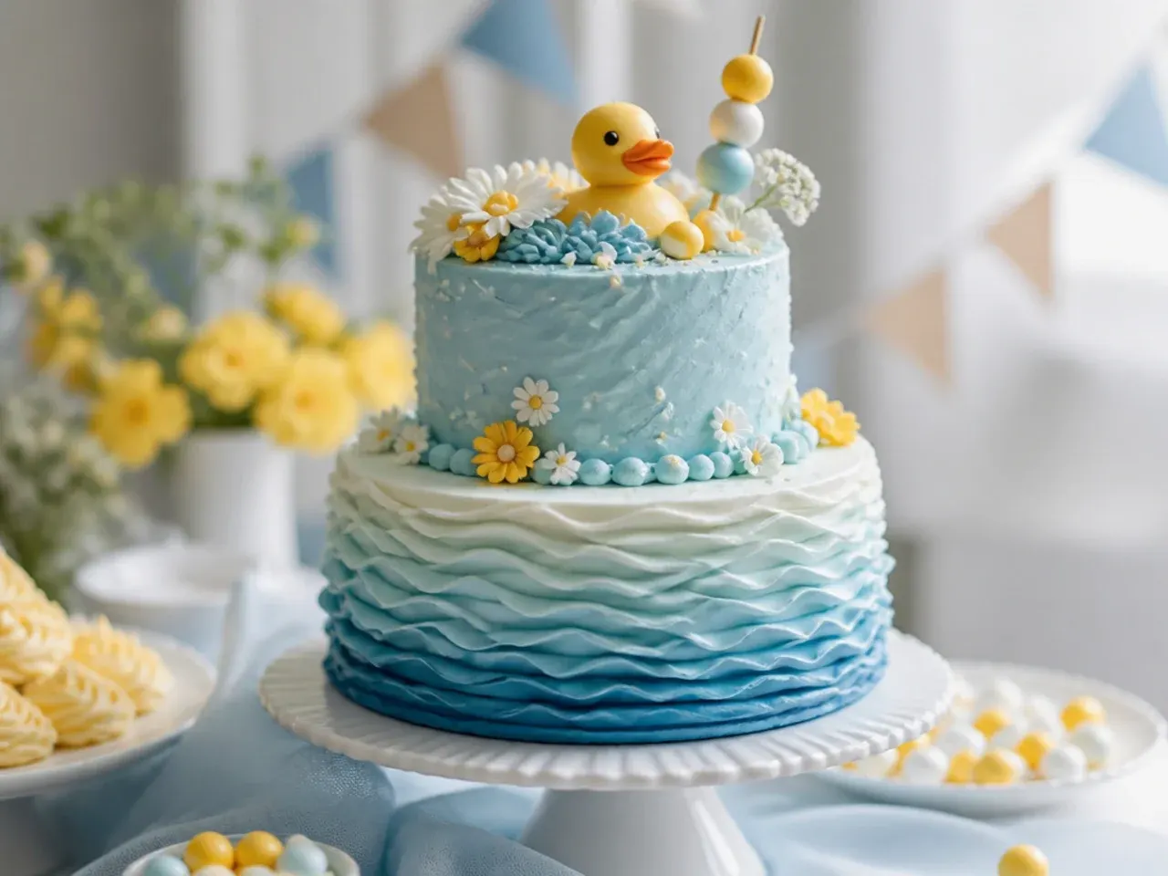 Two-tier blue and white ombre cake with fondant ears on the top tier