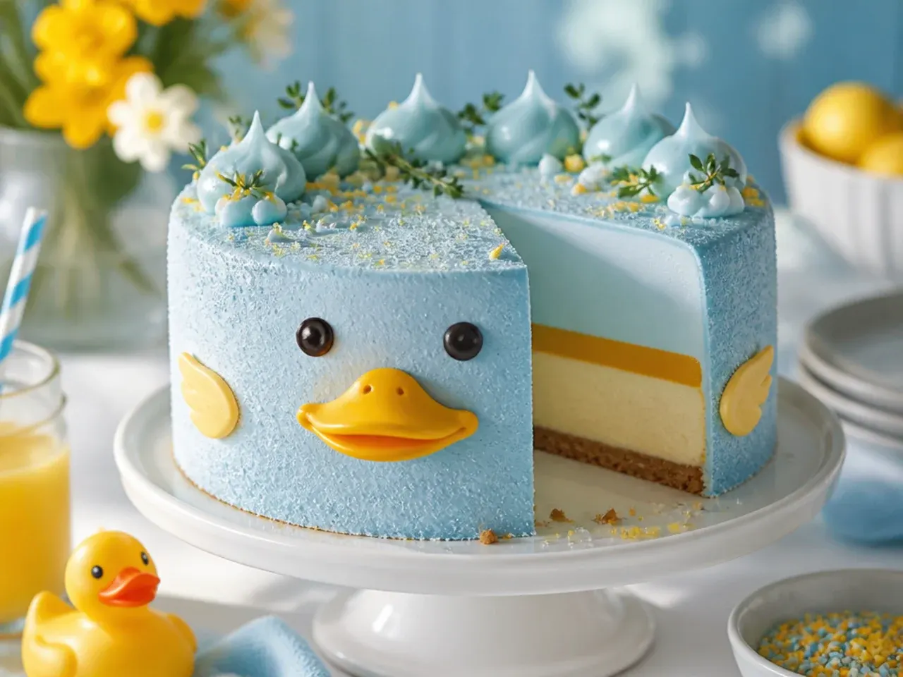 Sliced cake showing a dense cheesecake layer between two vanilla sponge layers