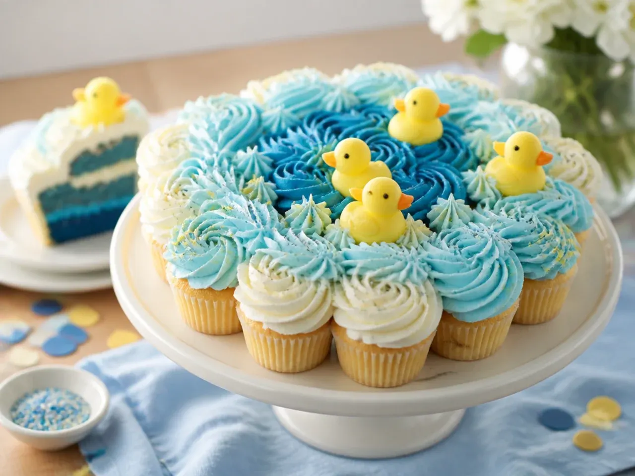 Cupcakes arranged in a paw-print shape on a board, iced in blue and orange