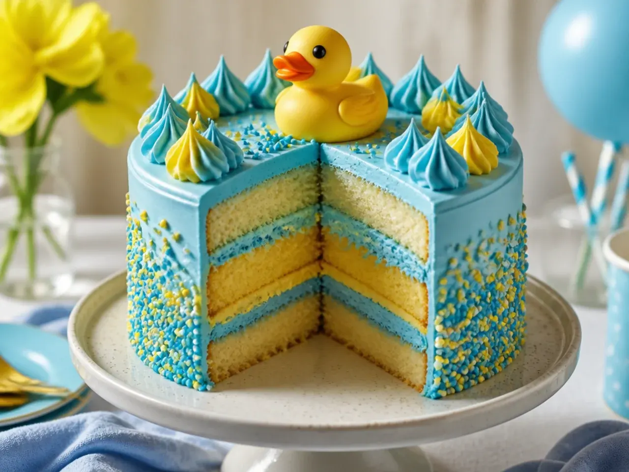 Wrapped round sponge cake layers stacked in a freezer