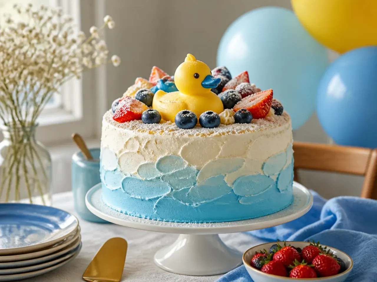 Children helping decorate a blue buttercream cake with sprinkles and fondant shapes