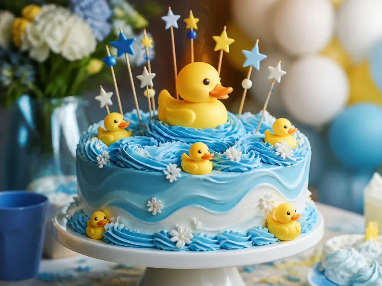 From-scratch layered butter cake with smooth blue buttercream and hand-cut fondant ears