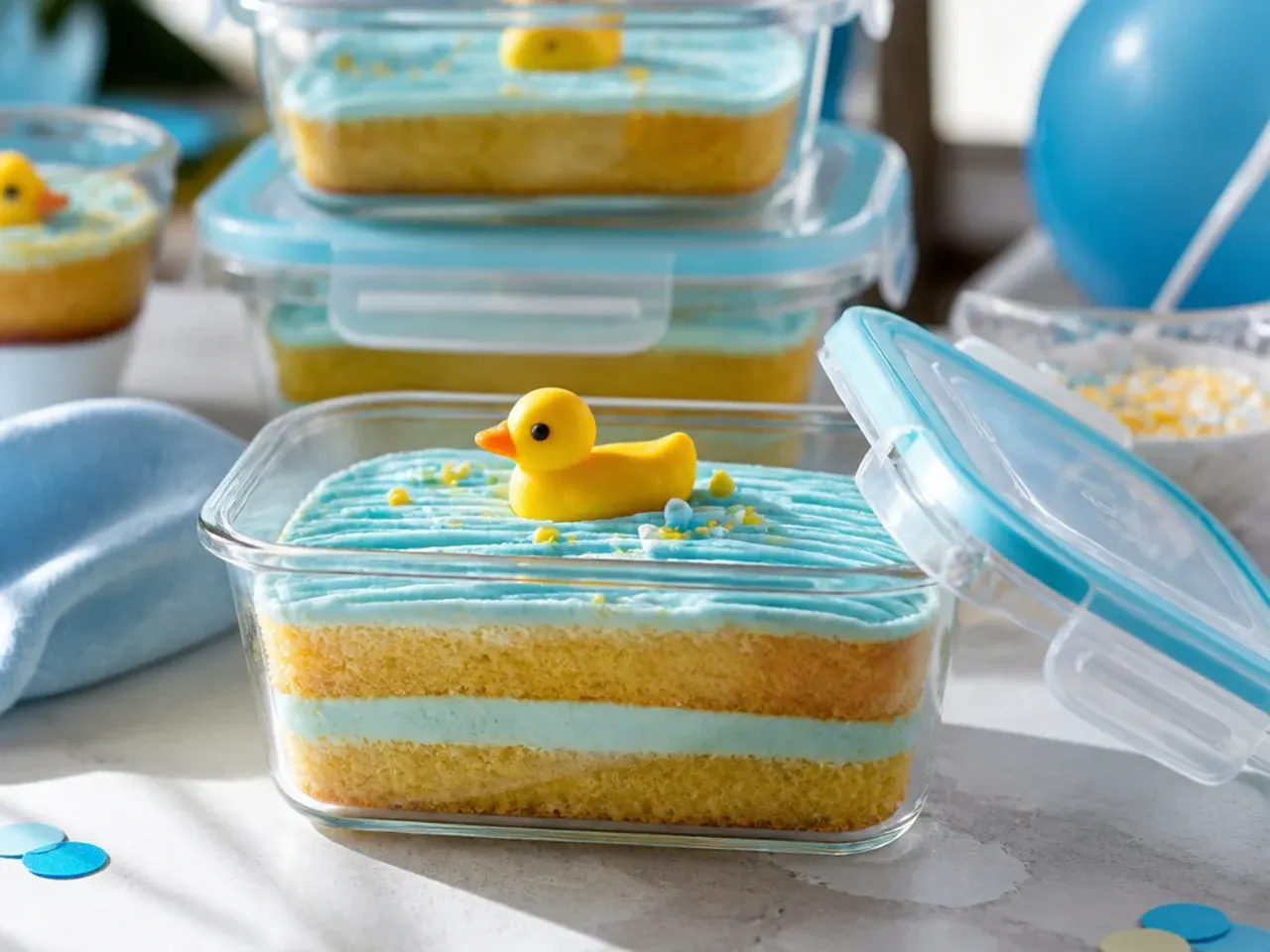 Decorated cake stored under a cake dome in the fridge