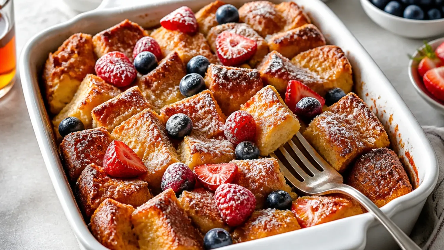 Golden baked brioche French toast casserole in a white dish, topped with cinnamon streusel and maple syrup