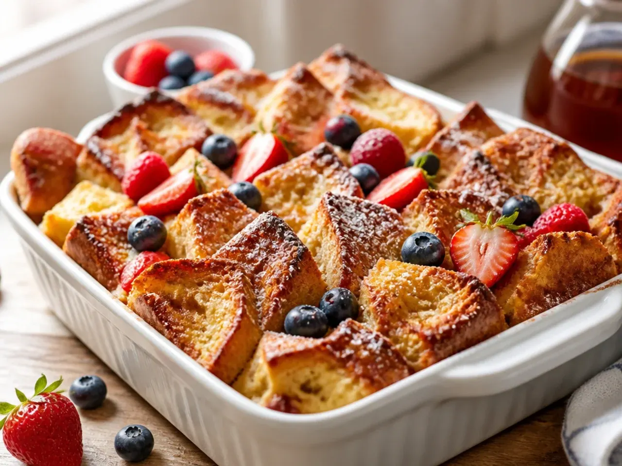 Overhead shot of brioche cubes soaking in egg custard in a baking dish