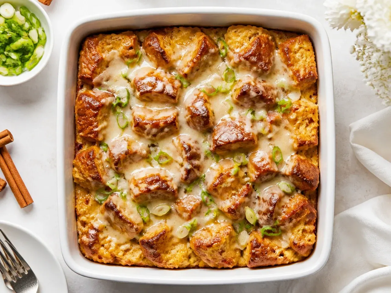 Close-up slice of classic cinnamon brioche French toast casserole showing custardy interior