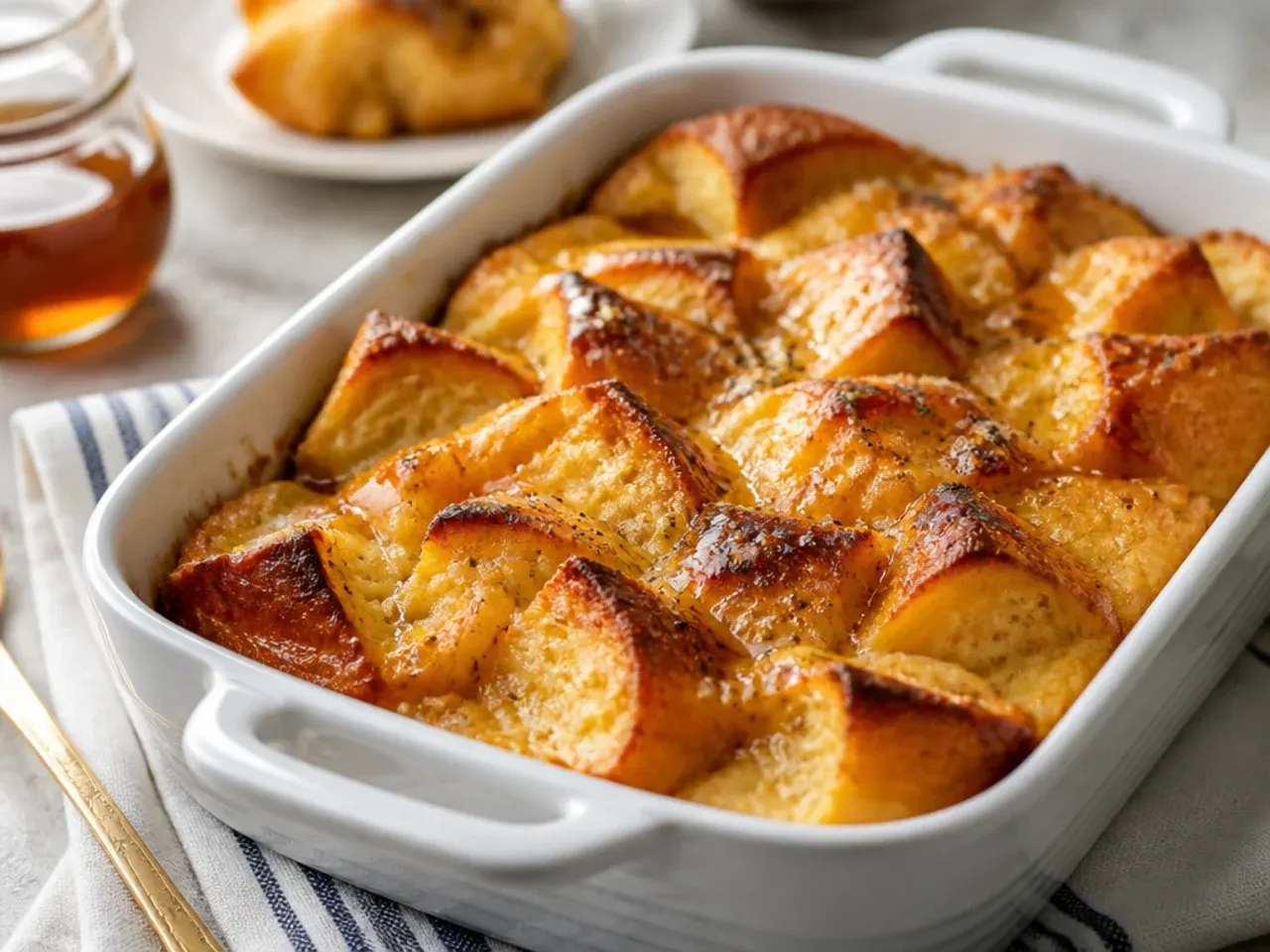 Simple brioche French toast casserole with minimal topping fresh from the oven