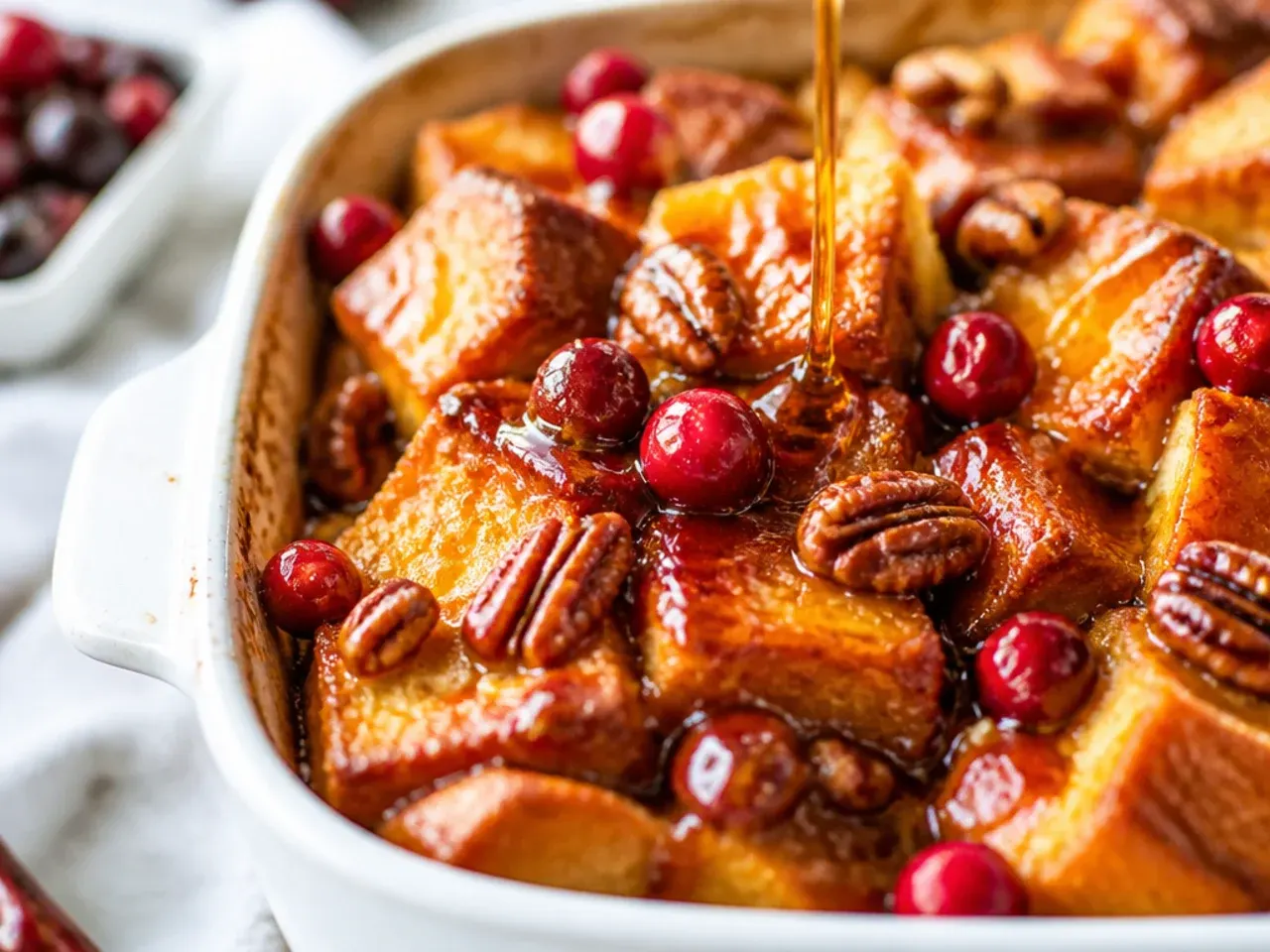 Maple pecan brioche French toast casserole with toasted nuts on top