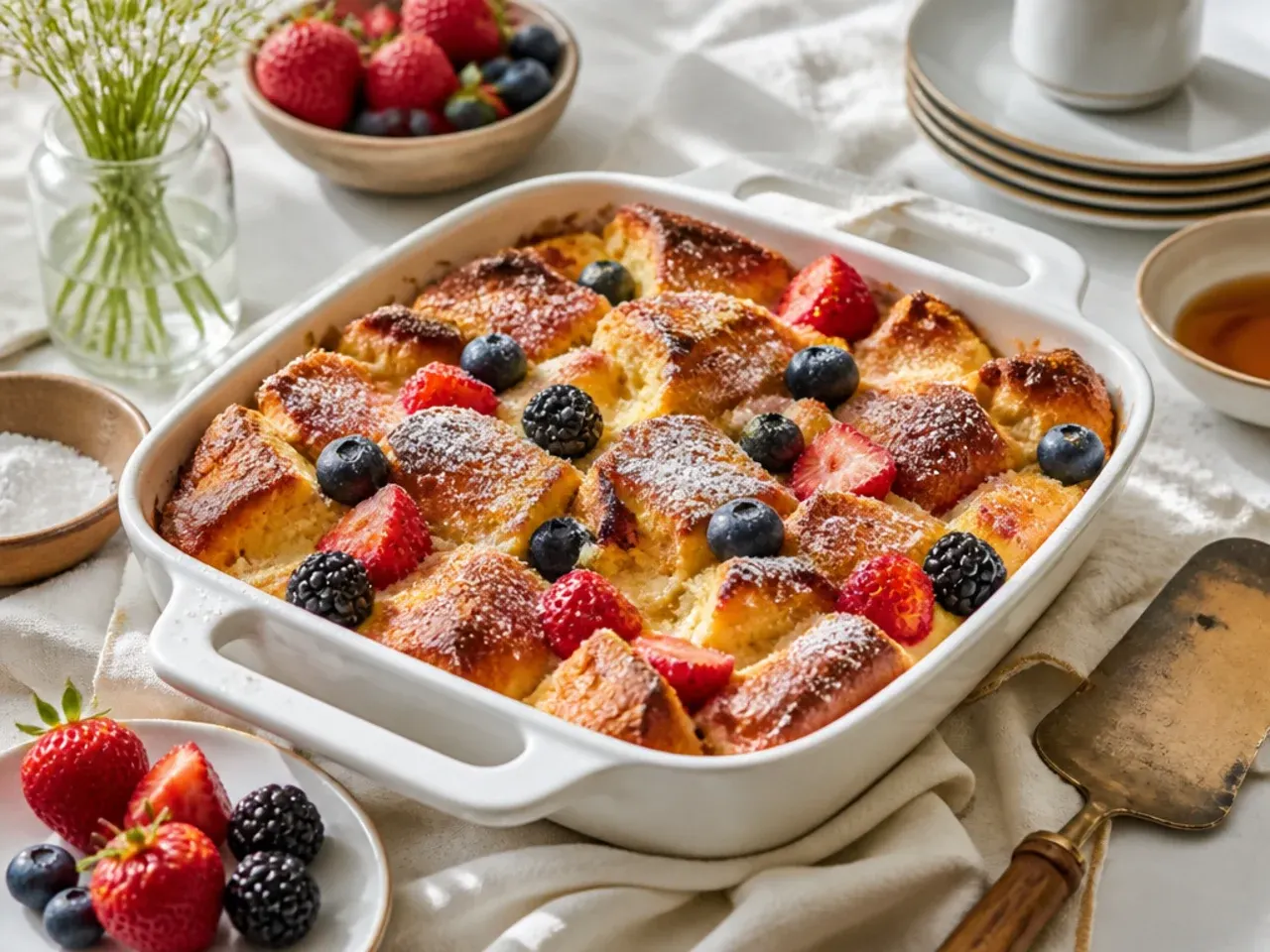 Baking dish of overnight brioche French toast casserole covered with foil before baking