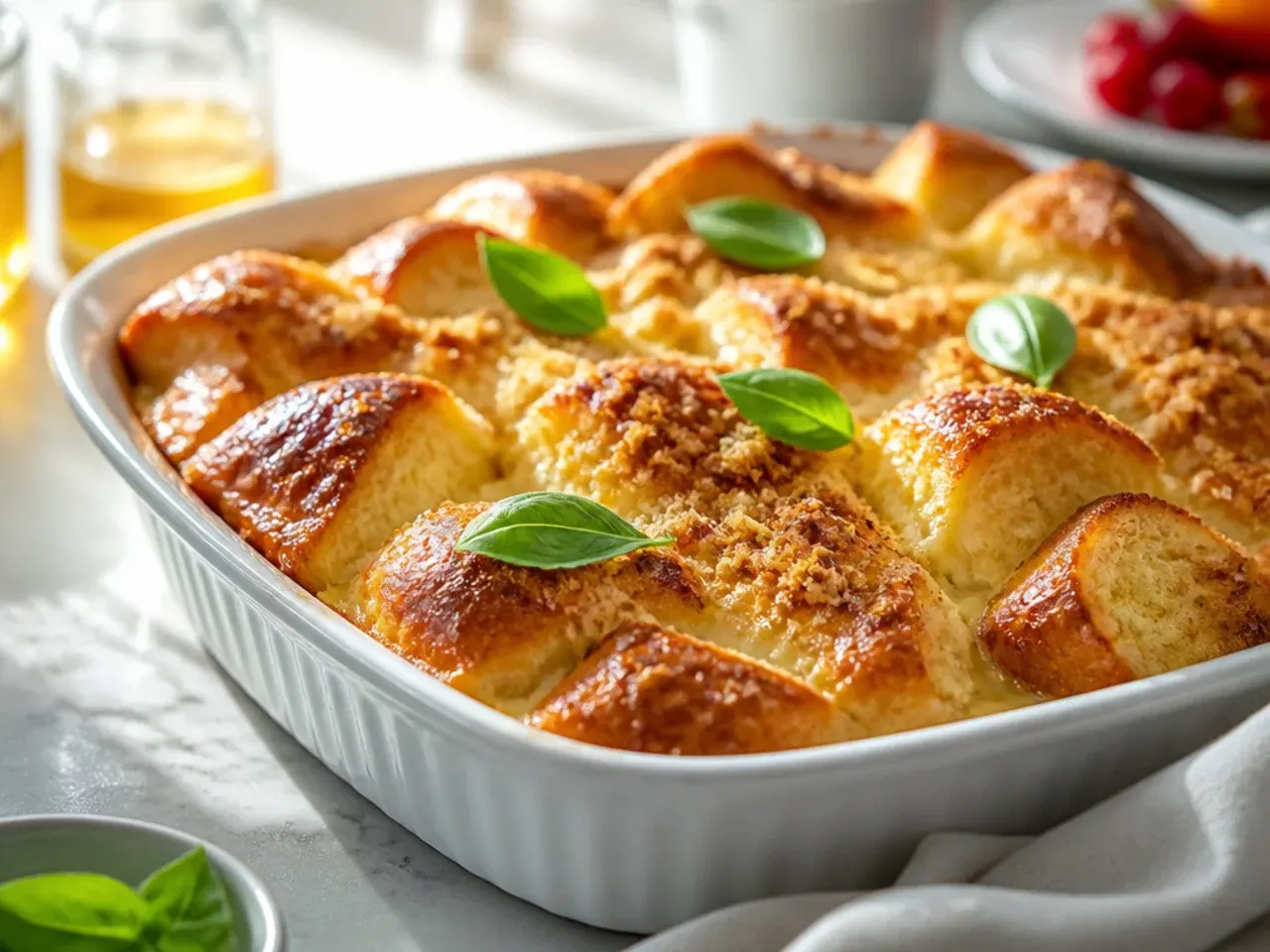 Spoon lifting a creamy custard-rich brioche French toast casserole portion