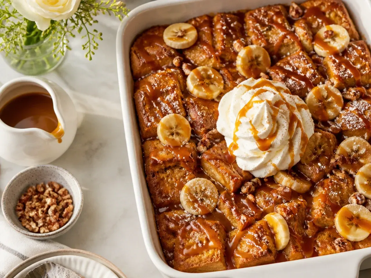 Loaded caramel banana brioche French toast casserole with caramel drizzle