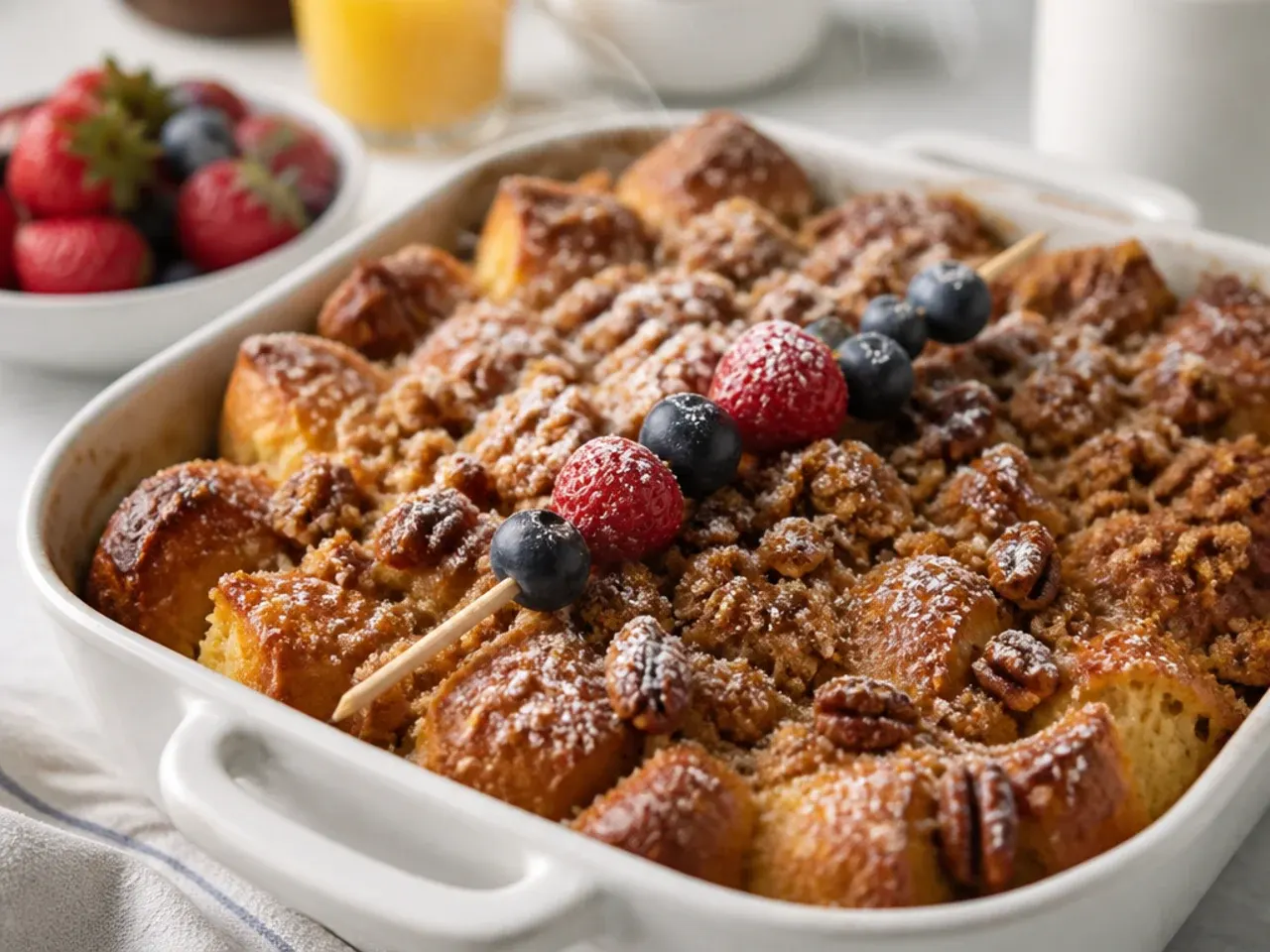 Brioche French toast casserole with golden crumbly streusel topping
