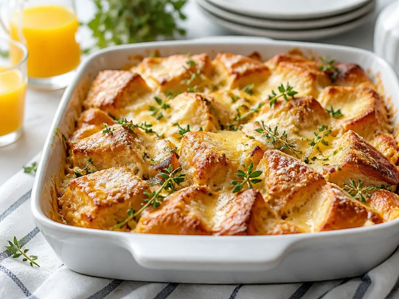 Cross-section of brioche French toast casserole showing melted mascarpone pockets