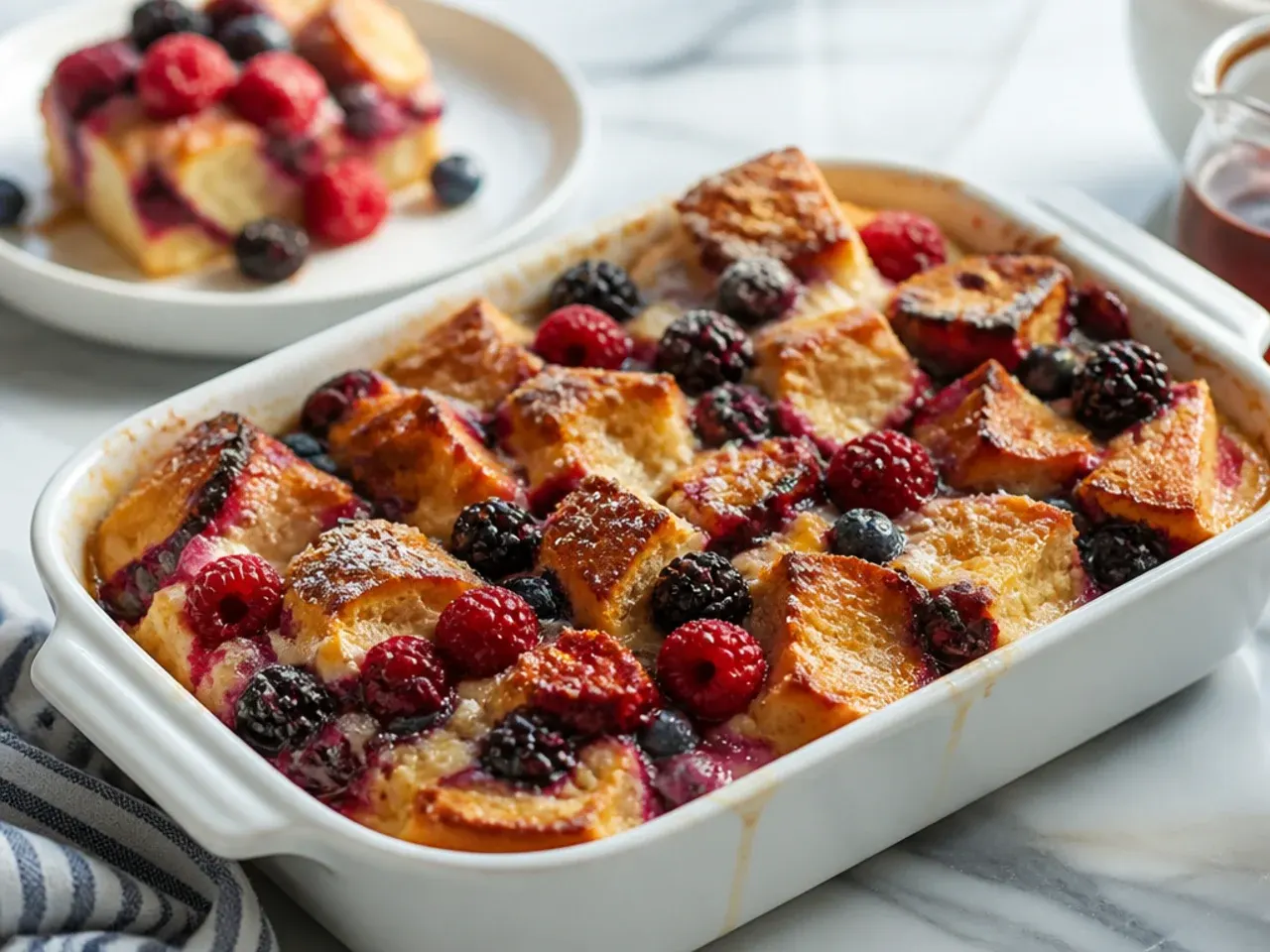 Mixed berry brioche French toast casserole fresh out of the oven