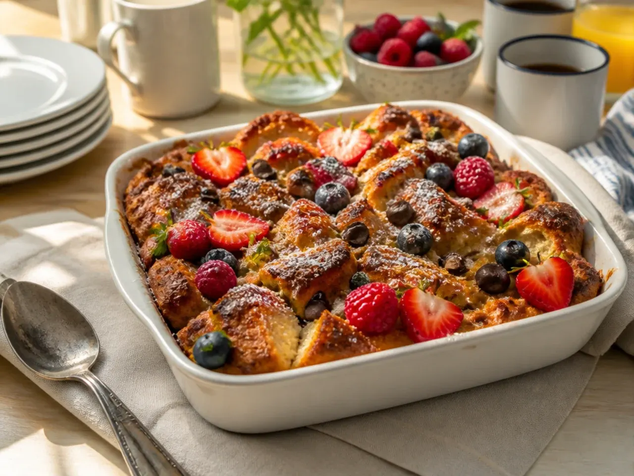 Family-style brioche French toast casserole studded with melted chocolate chips