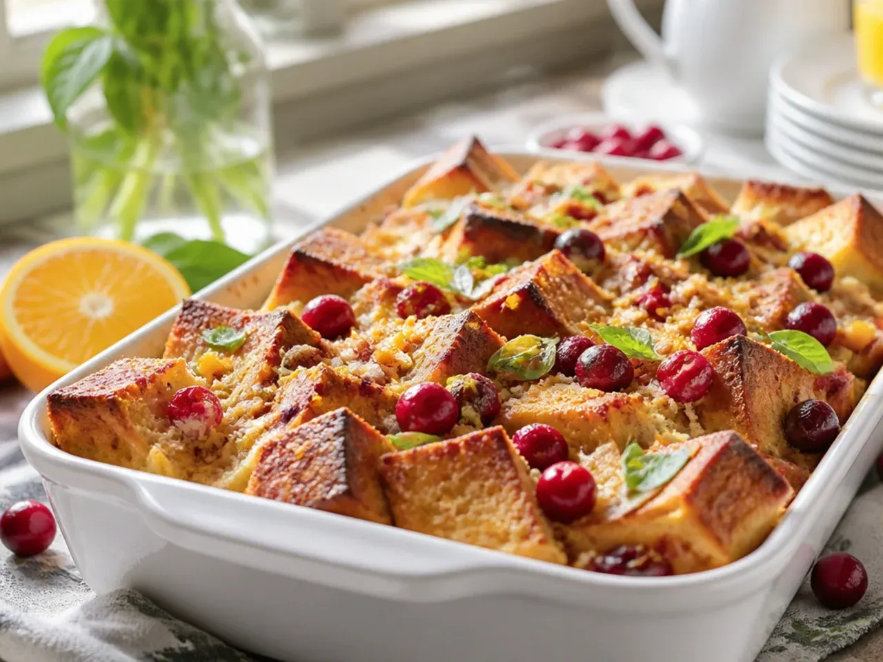 Festive cranberry orange brioche French toast casserole with orange glaze