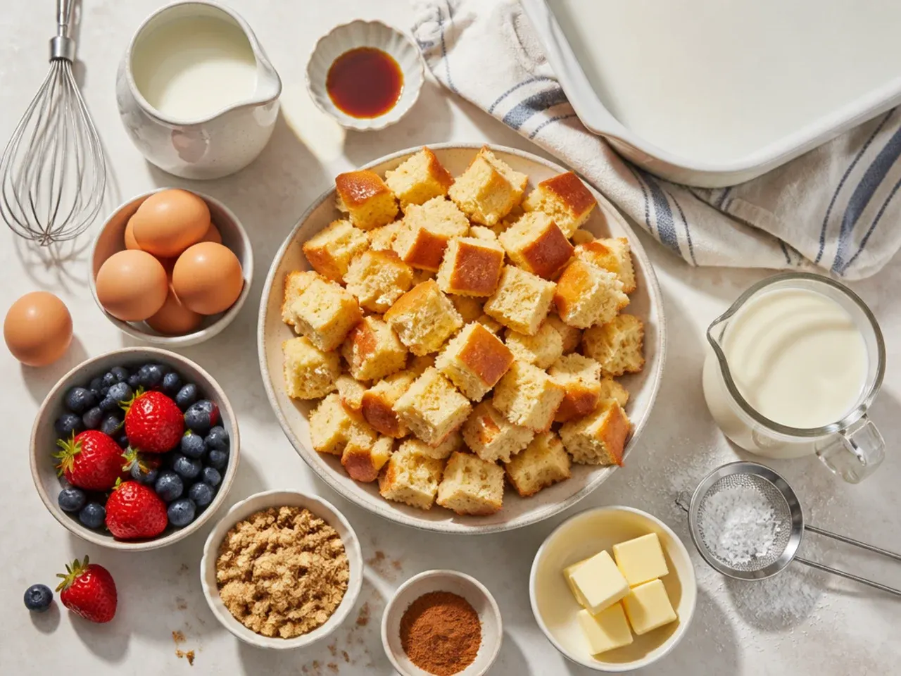 Hand pressing brioche cubes into custard in a baking dish before baking