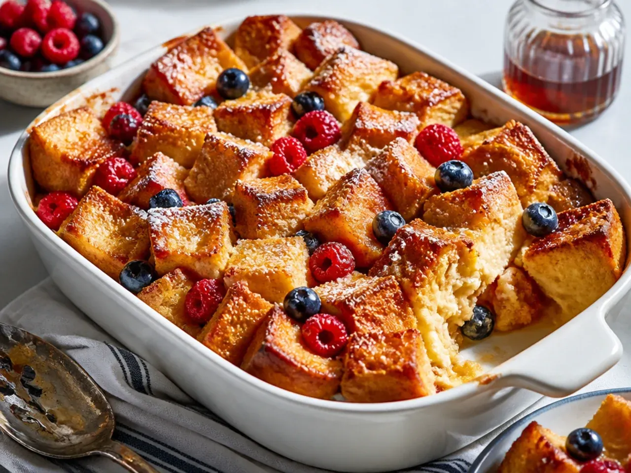 Plated slice of brioche French toast casserole with maple syrup and fresh berries