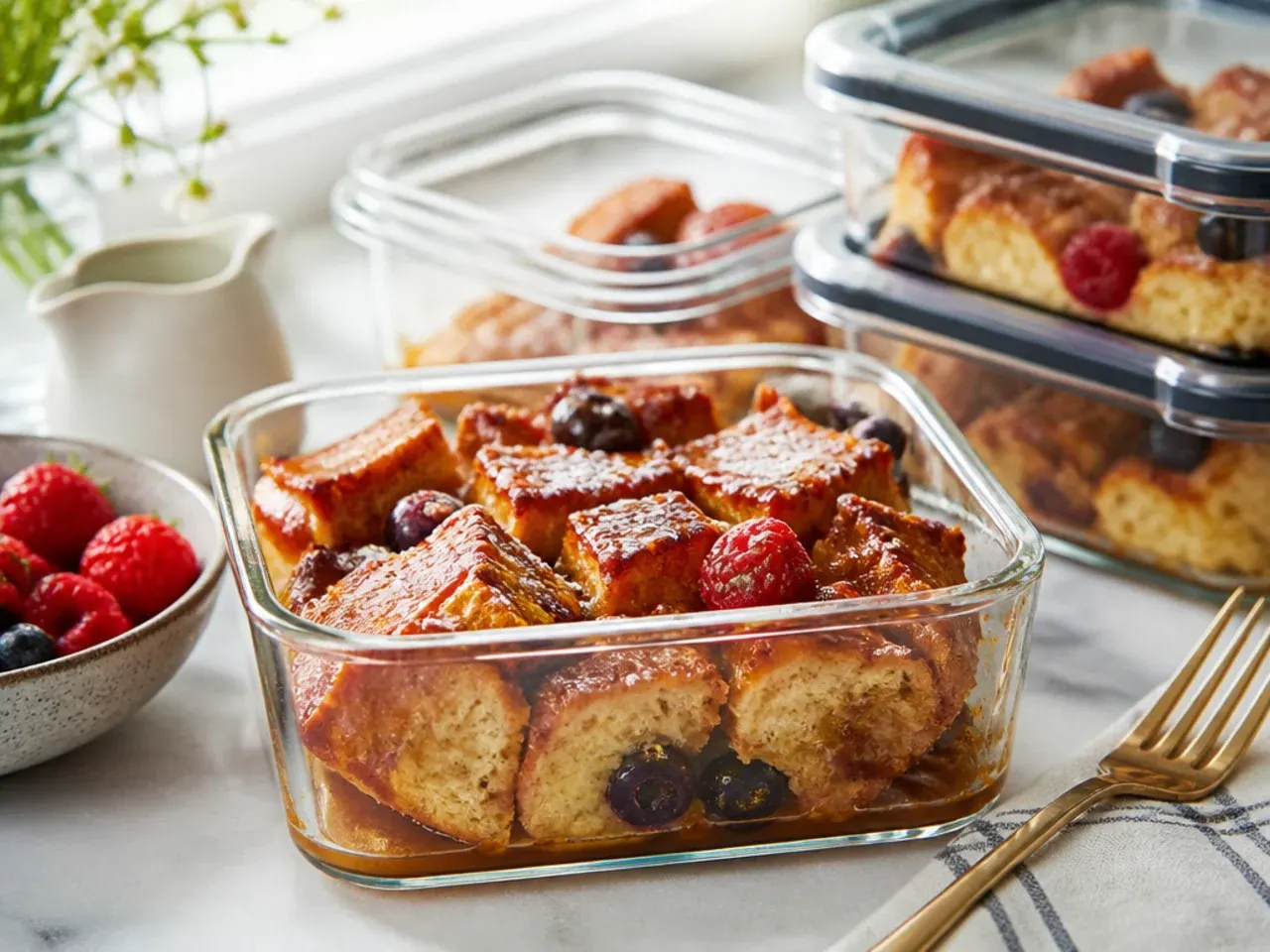 Leftover brioche French toast casserole portions stored in a container